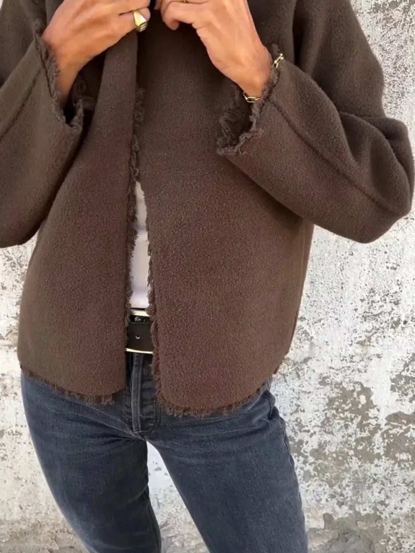 Full Size One Button Frayed Edge Cardigan Plus Size - Image 6