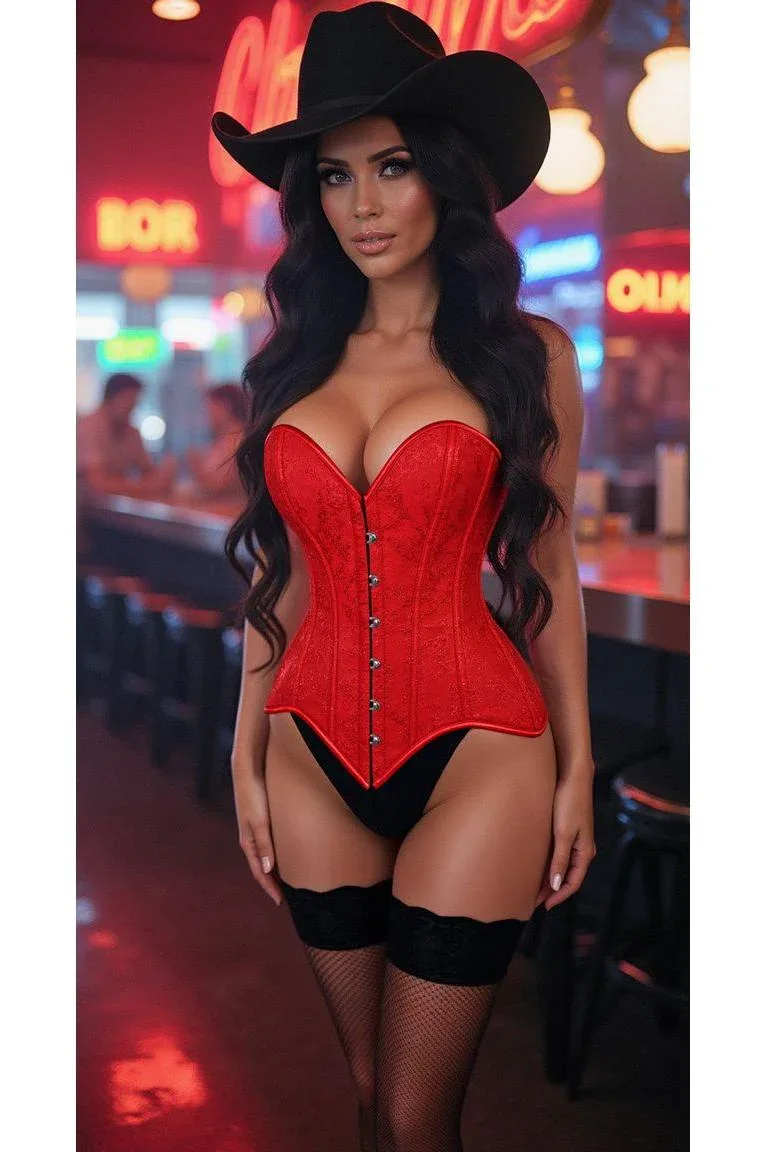 Lavish Red Brocade Overbust Corset W/Busk Closure - Image 8