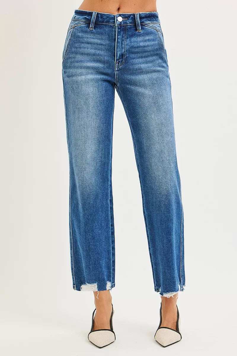 RISEN High Rise Ankle Straight Distressed Hem Detail Jeans - Image 3