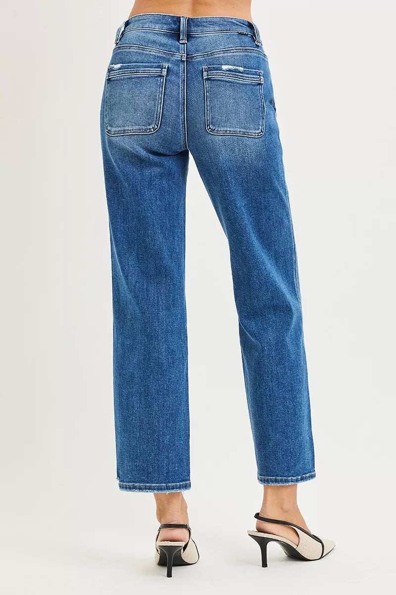 RISEN High Rise Ankle Straight Distressed Hem Detail Jeans - Image 5