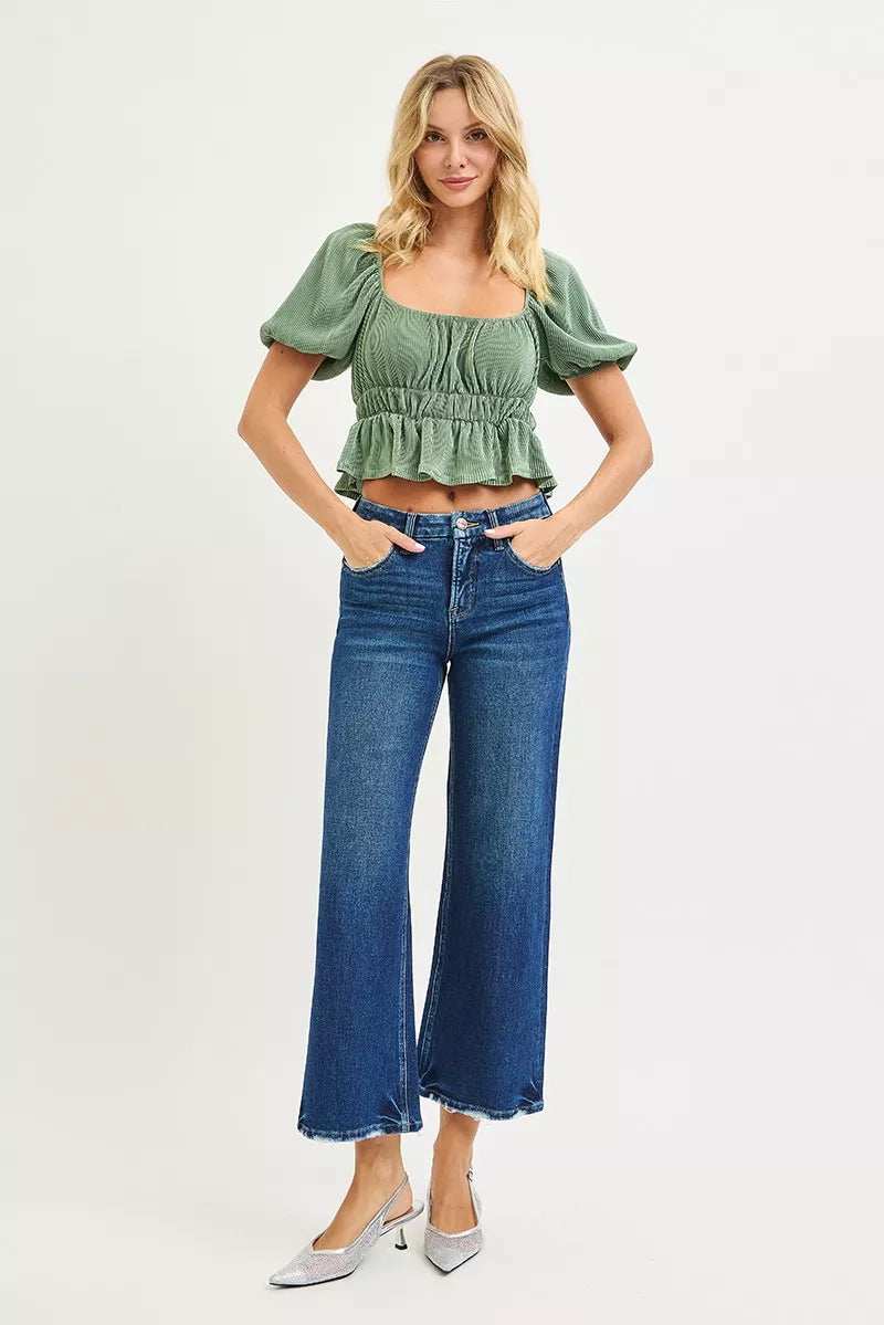 RISEN Tummy Control 4 Way Stretch High Rise Crop Wide Leg Jeans - Image 6