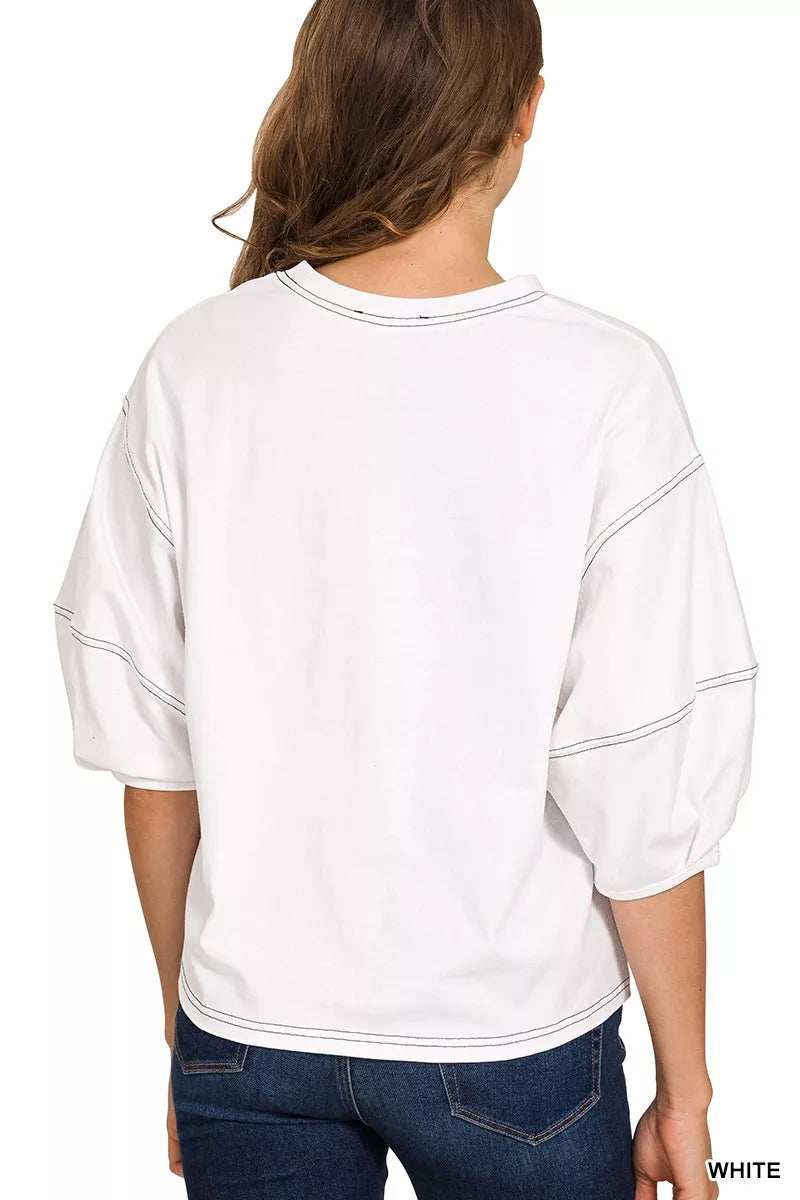 Zenana Balloon Sleeve Top with Contrast Stitching - Image 3